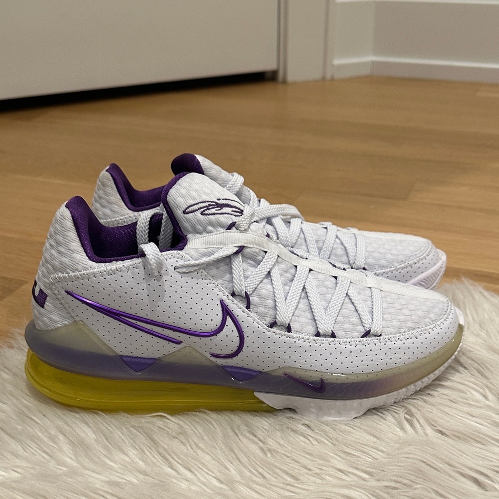 White and Purple LeBron Basketball Sneakers with Yellow Sole